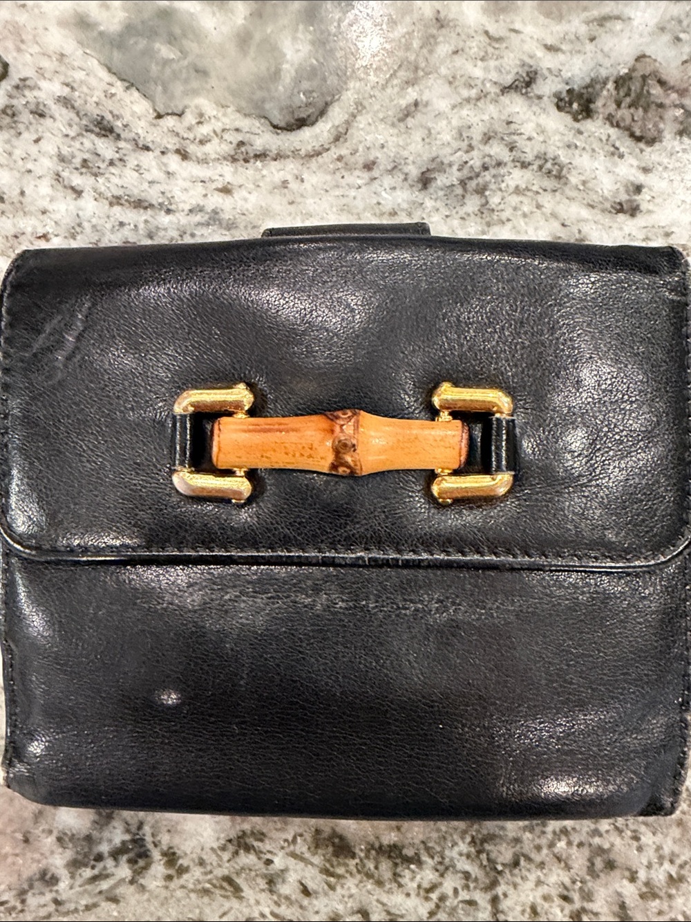 GUCCI Auth Black Leather Wallet with Bamboo and Gold Accent